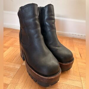 Black leather platform boots with wood heel